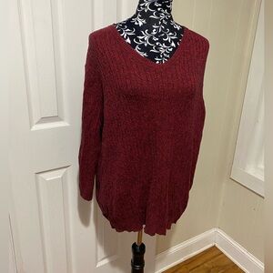 Kim Rogers Women's Cable V-Neck Cotton Burgundy/Black Sweater Size 2X